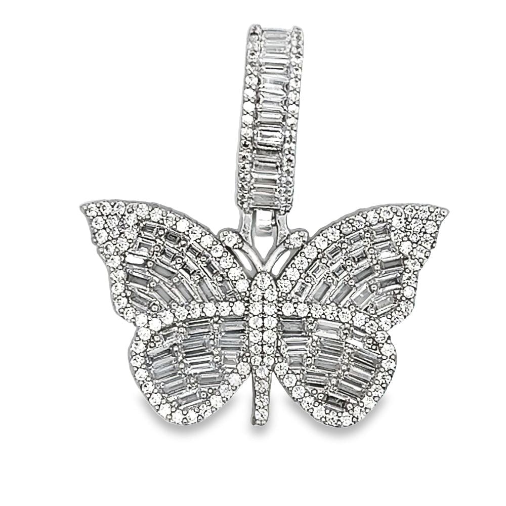 Butterfly Baguette CZ Hip Hop Iced Out Pendant White Gold HipHopBling