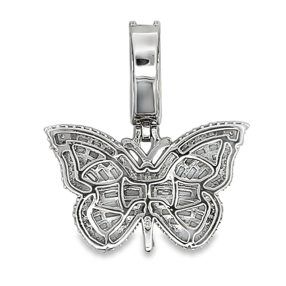 Butterfly Baguette CZ Hip Hop Iced Out Pendant White Gold HipHopBling