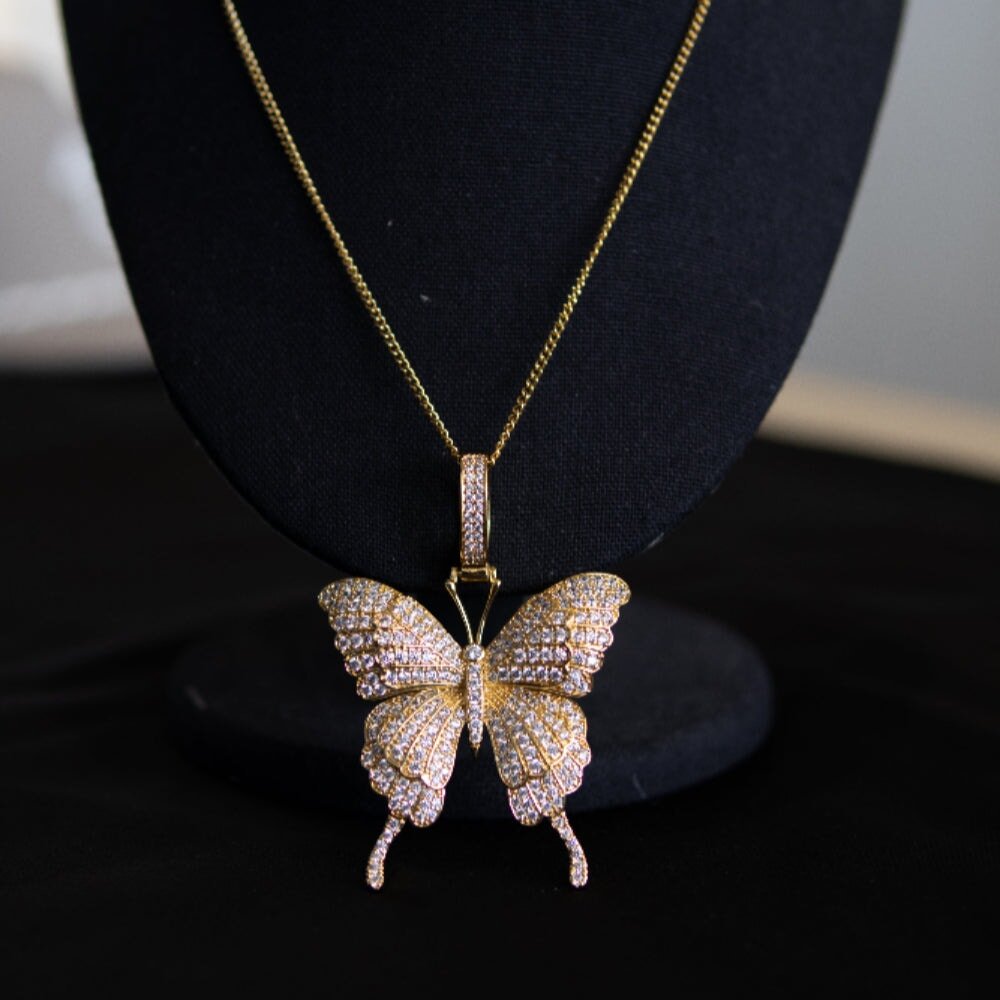 Butterfly Iced Out Hip Hop Pendant White Gold HipHopBling