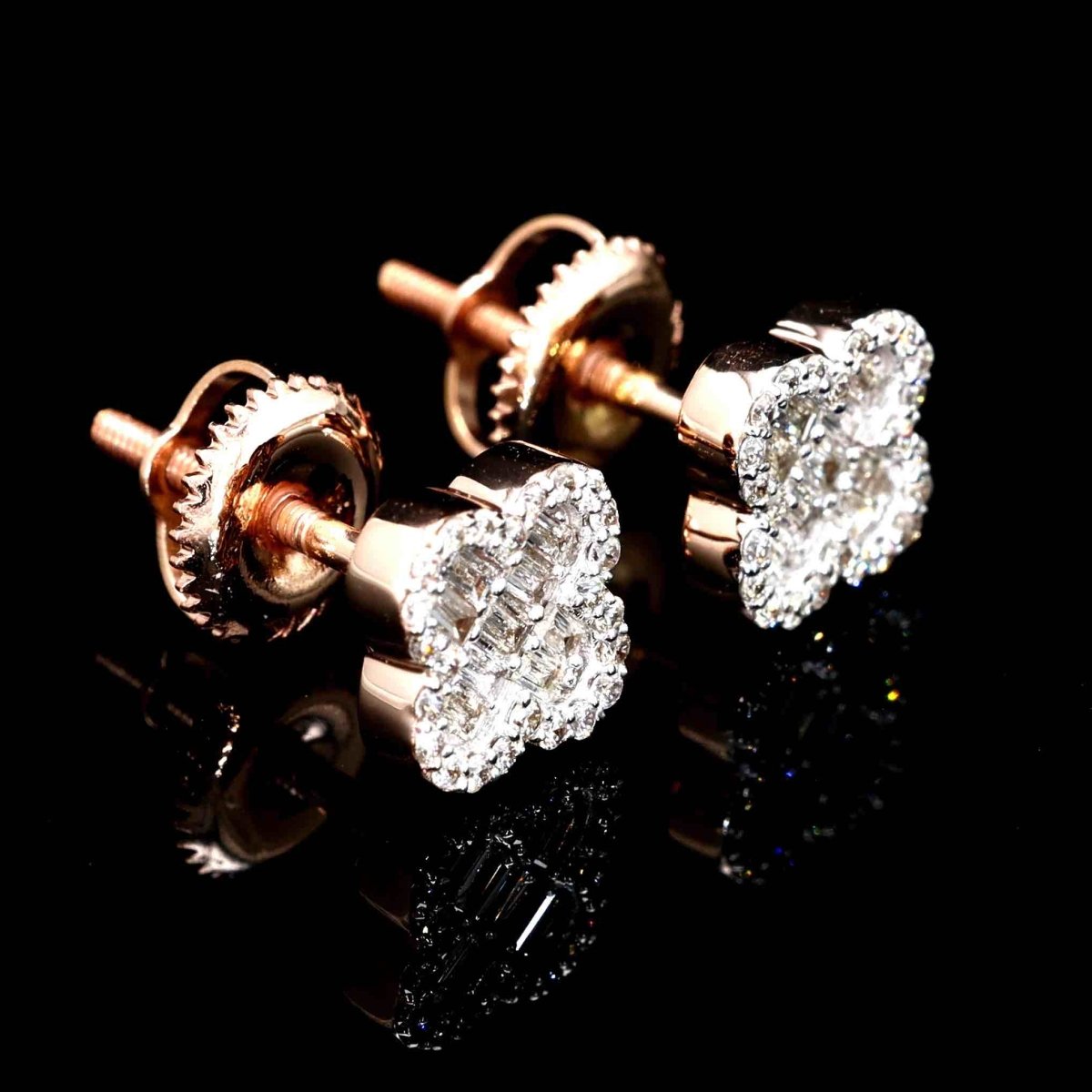 Clover Baguette Diamond Earrings Solid 14K Gold 14K Rose Gold 8MM | .33cttw HipHopBling