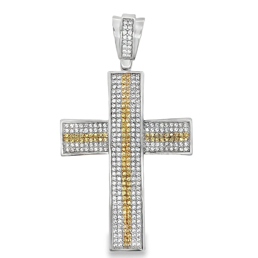 Concave 6 Row White Yellow Cross CZ Pendant .925 Sterling Silver HipHopBling