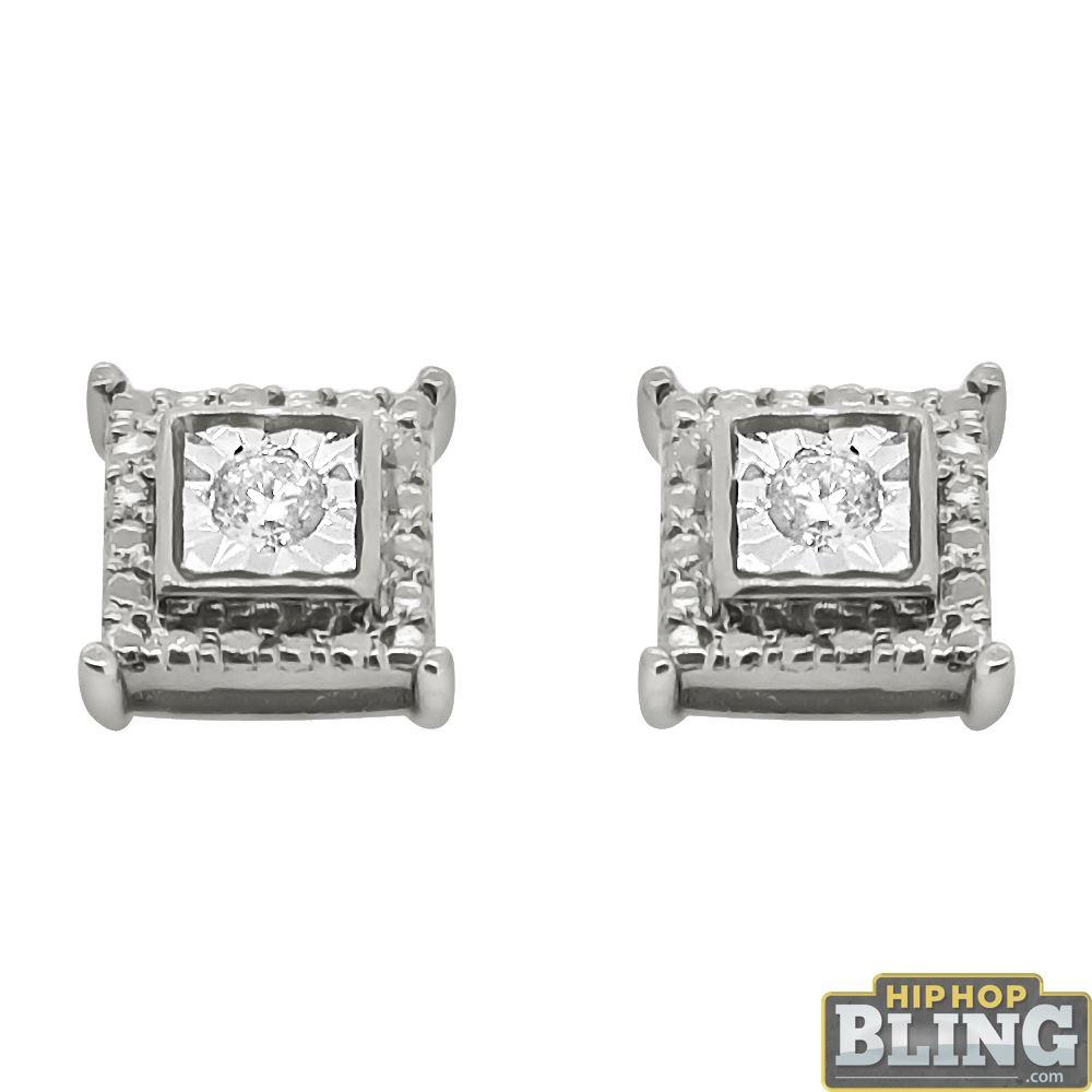 Cube Stud Halo Diamond Earrings .925 Sterling Silver HipHopBling