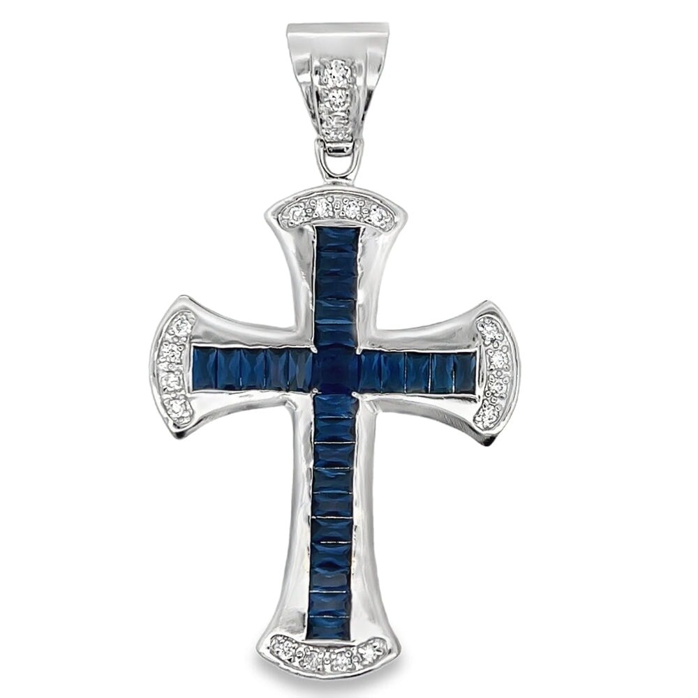 Designer Cross Blue CZ Pendant .925 Sterling Silver HipHopBling