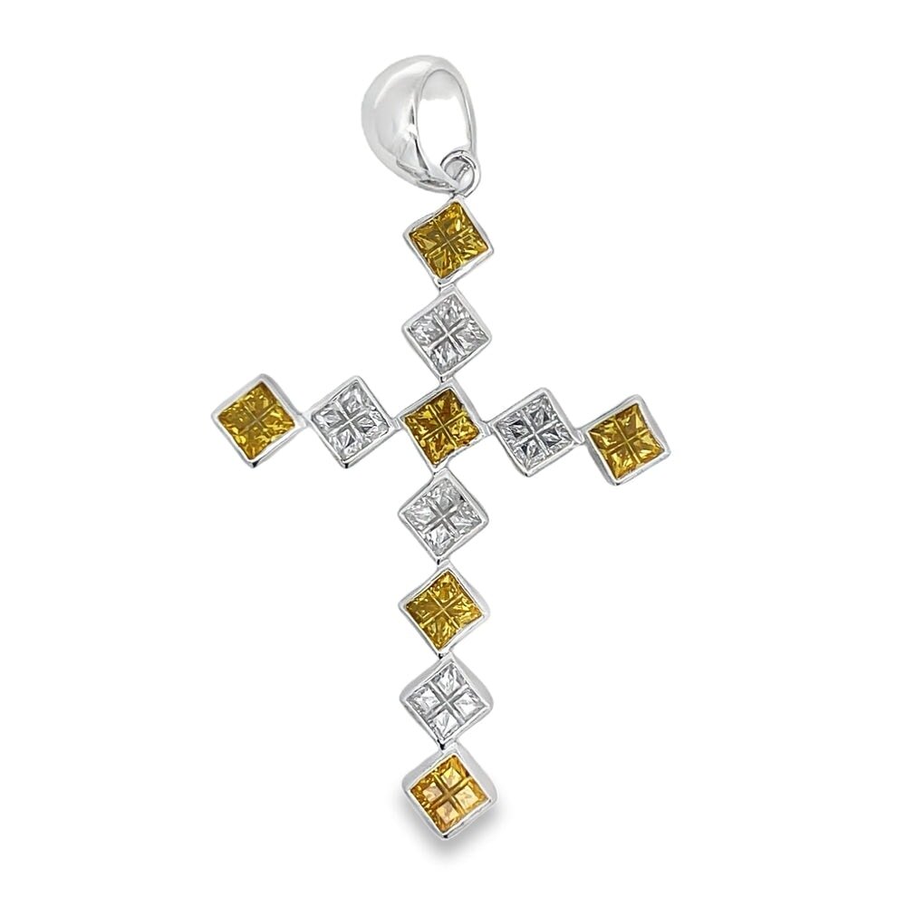 Diagonal Tennis Cross Canary & White CZ Pendant .925 Sterling Silver HipHopBling