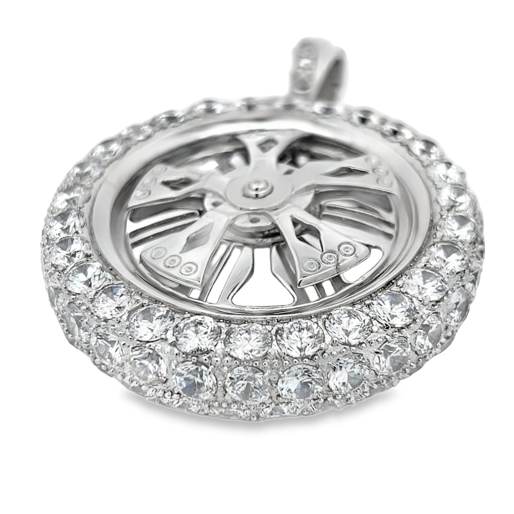 Diam Spoke Spinner Rim CZ Pendant .925 Sterling Silver HipHopBling