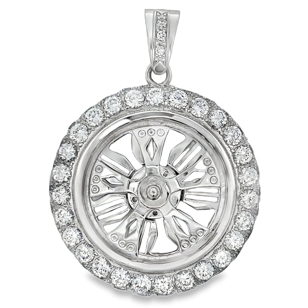 Diam Spoke Spinner Rim CZ Pendant .925 Sterling Silver HipHopBling
