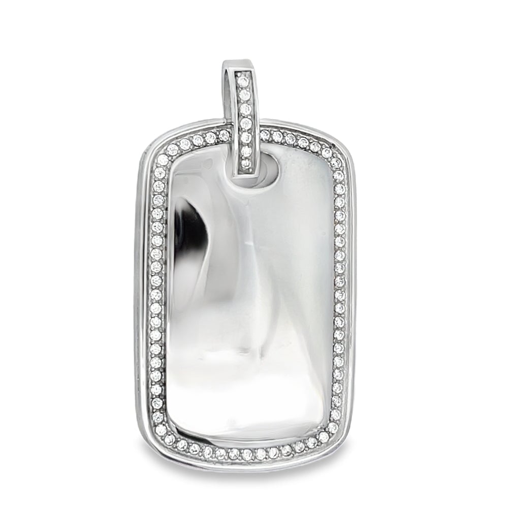 Dog Tag CZ Iced Out Pendant Stainless Steel Silver HipHopBling