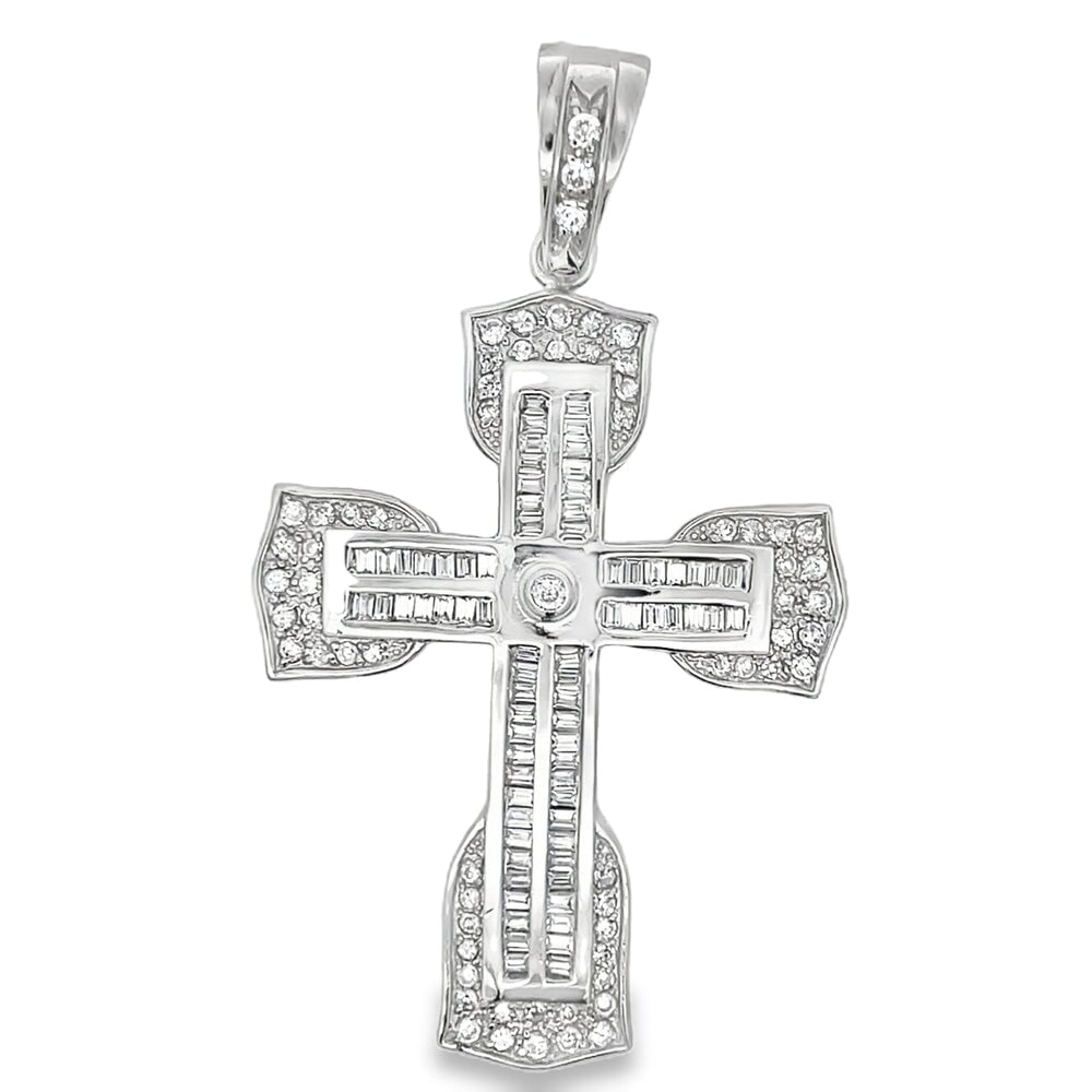 Double Baguette Cross CZ Iced Out Pendant .925 Sterling Silver HipHopBling