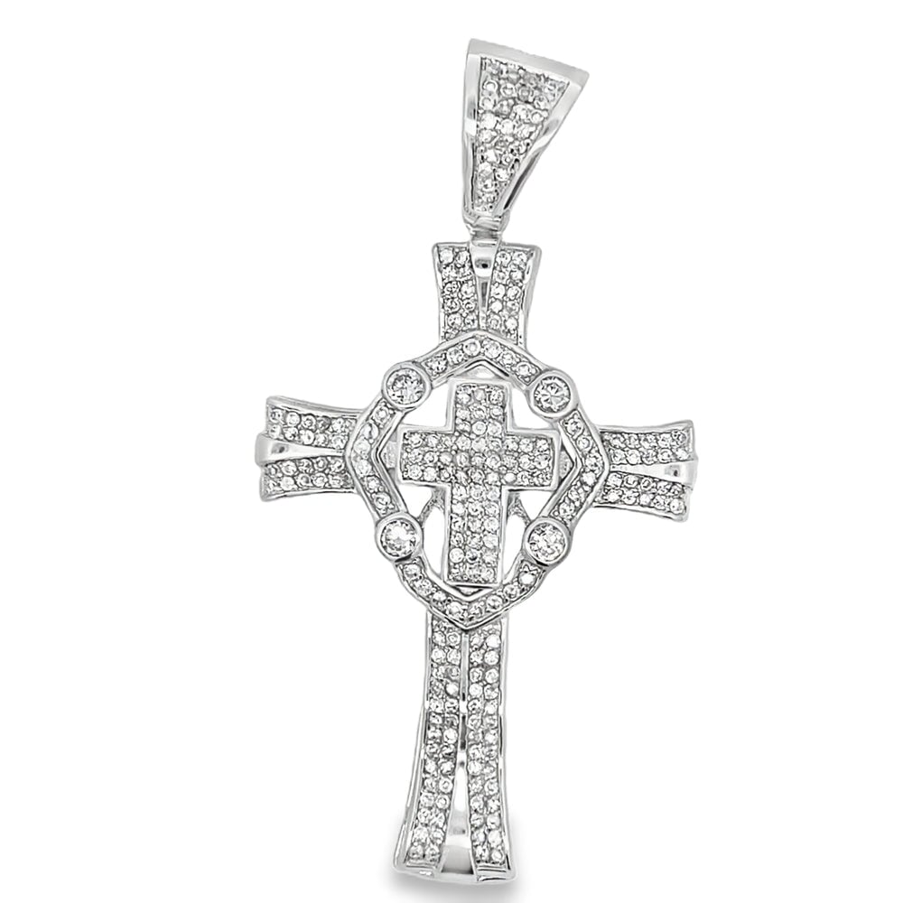 Double Fancy Cross CZ Iced Out Pendant .925 Sterling Silver HipHopBling