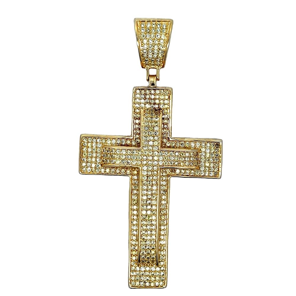 Double Row Cross CZ Iced Out Pendant Gold HipHopBling