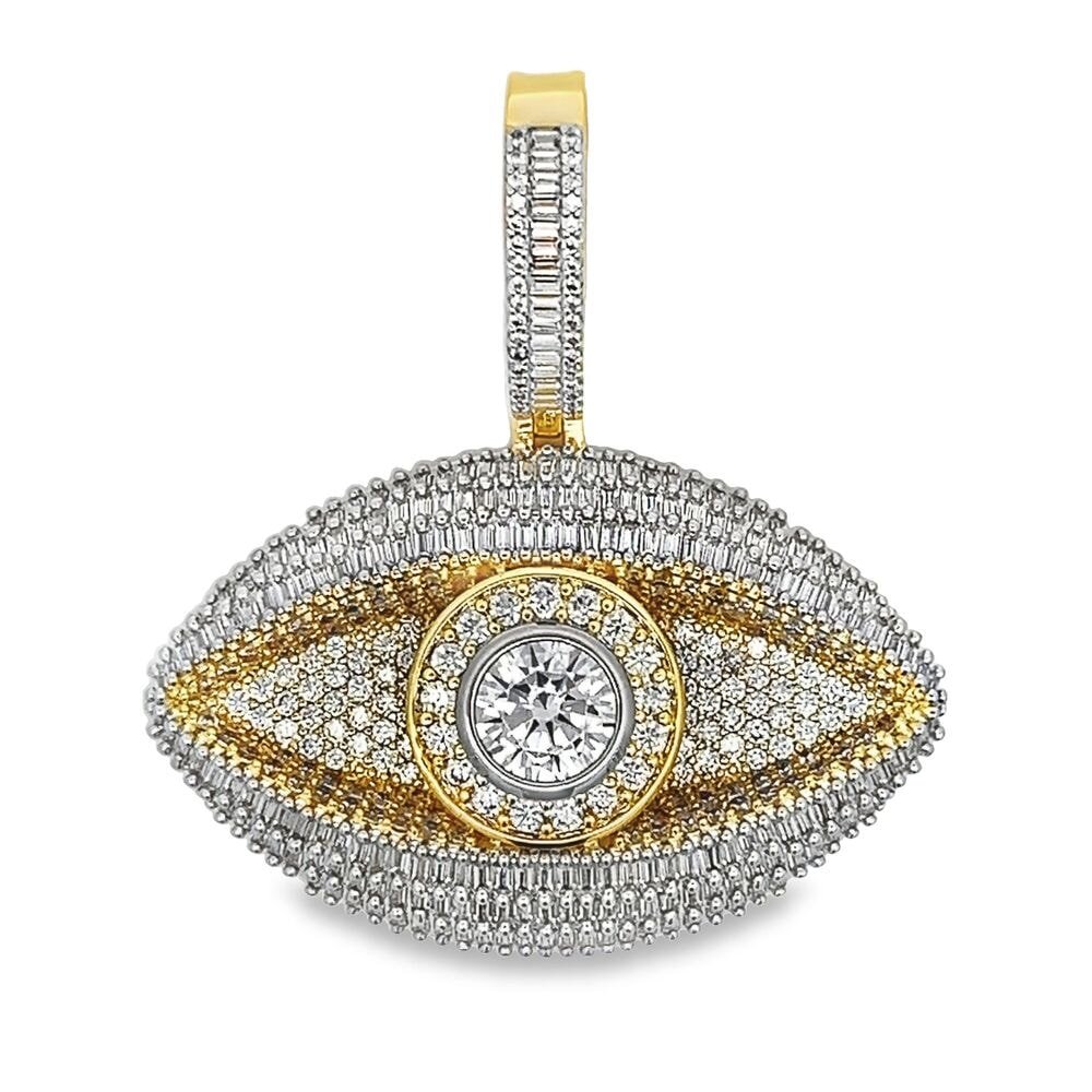 Evil Eye Baguette CZ Hip Hop Iced Out Pendant Yellow Gold HipHopBling