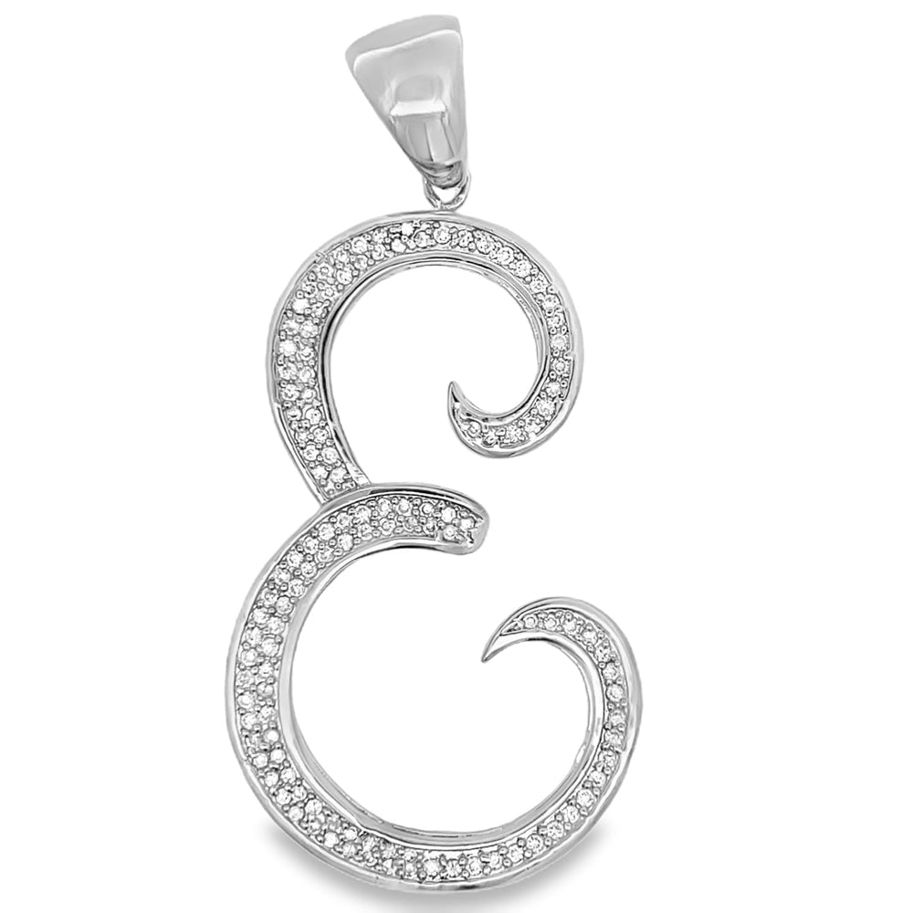 Flat Cursive Initial Letter White CZ Iced Out Pendant E HipHopBling