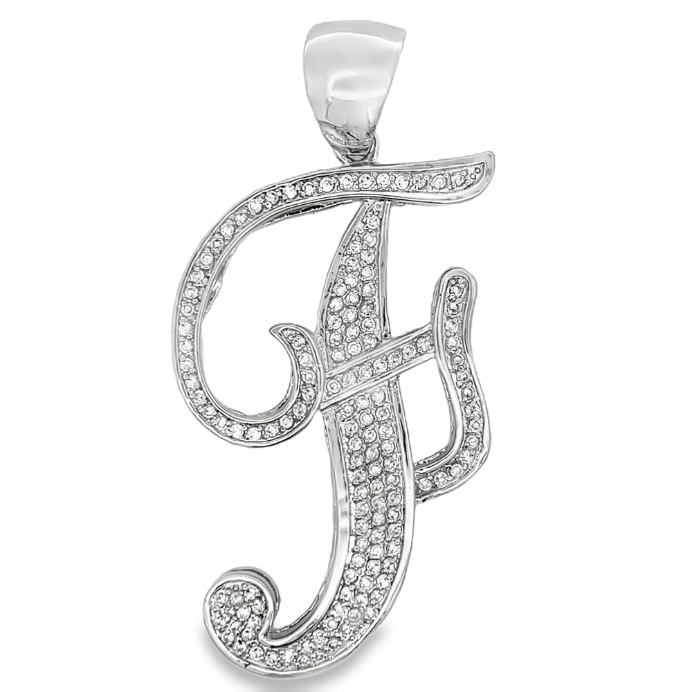 Flat Cursive Initial Letter White CZ Iced Out Pendant F HipHopBling