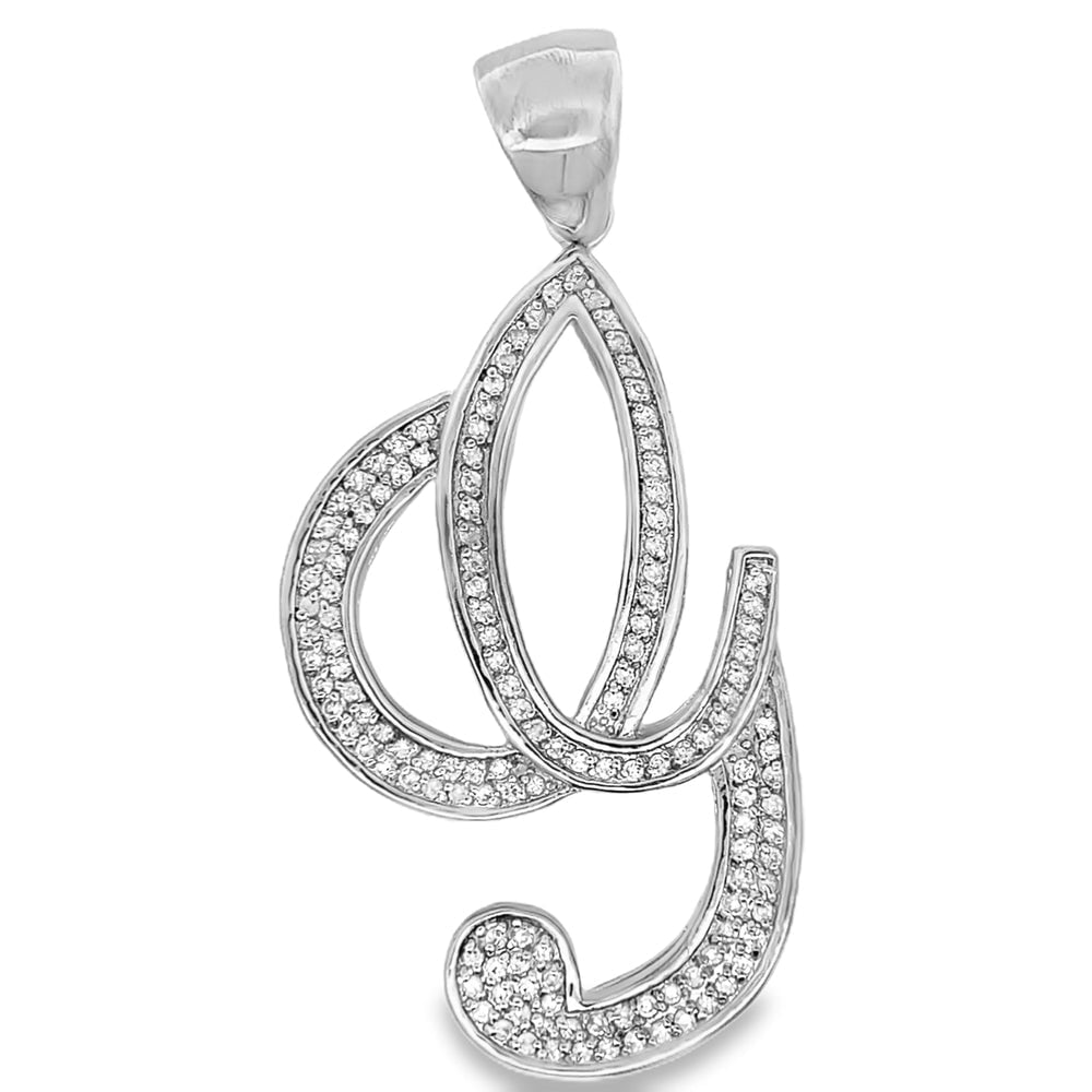 Flat Cursive Initial Letter White CZ Iced Out Pendant G HipHopBling