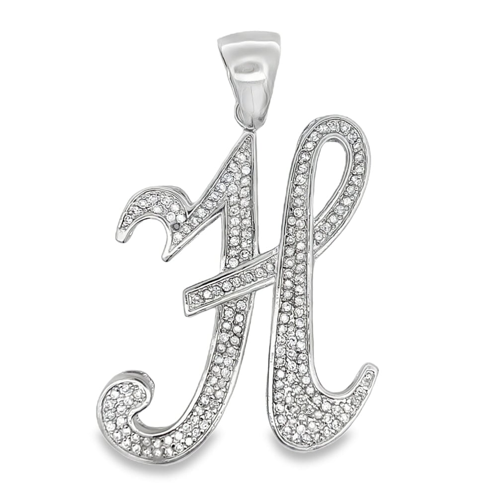 Flat Cursive Initial Letter White CZ Iced Out Pendant H HipHopBling