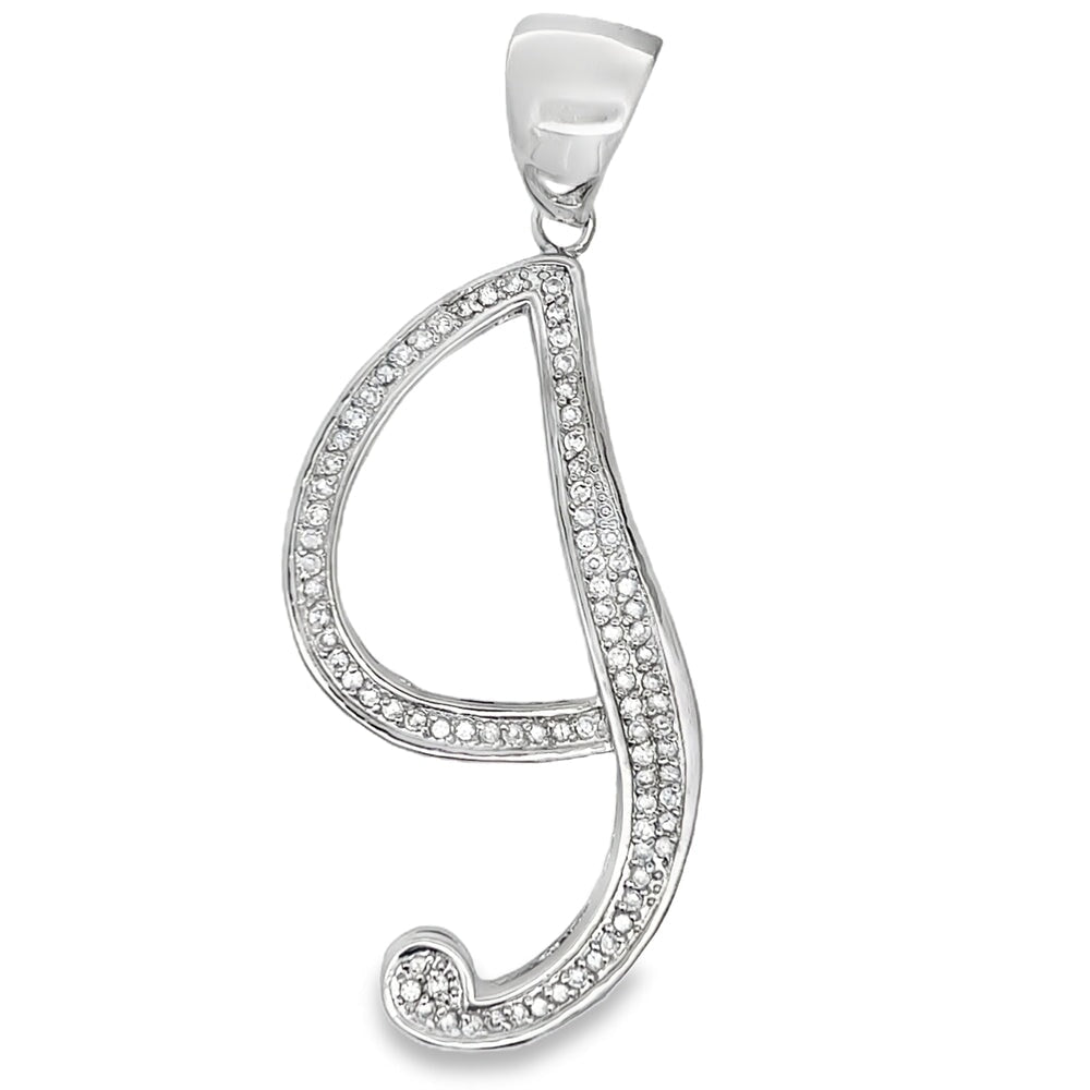 Flat Cursive Initial Letter White CZ Iced Out Pendant I HipHopBling