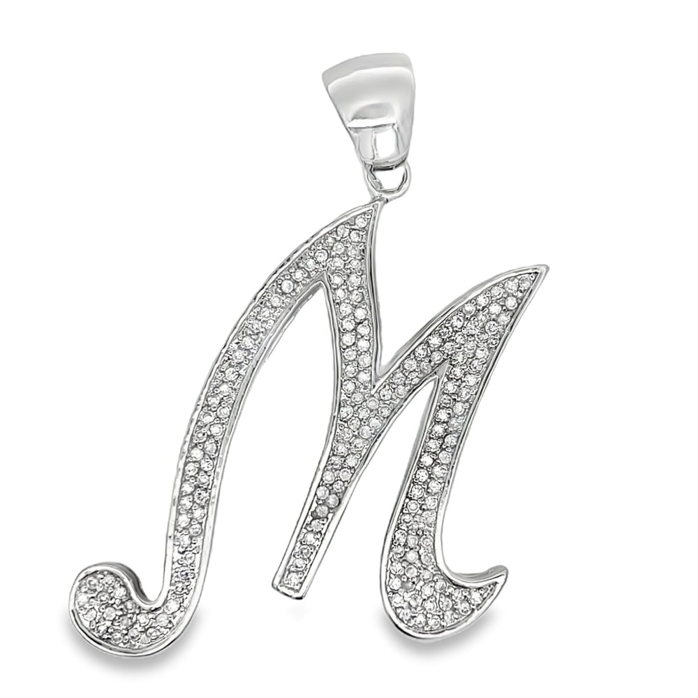 Flat Cursive Initial Letter White CZ Iced Out Pendant M HipHopBling