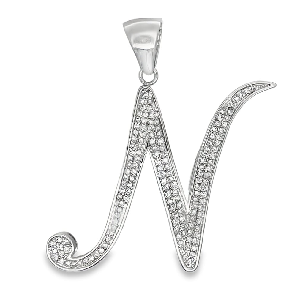 Flat Cursive Initial Letter White CZ Iced Out Pendant N HipHopBling