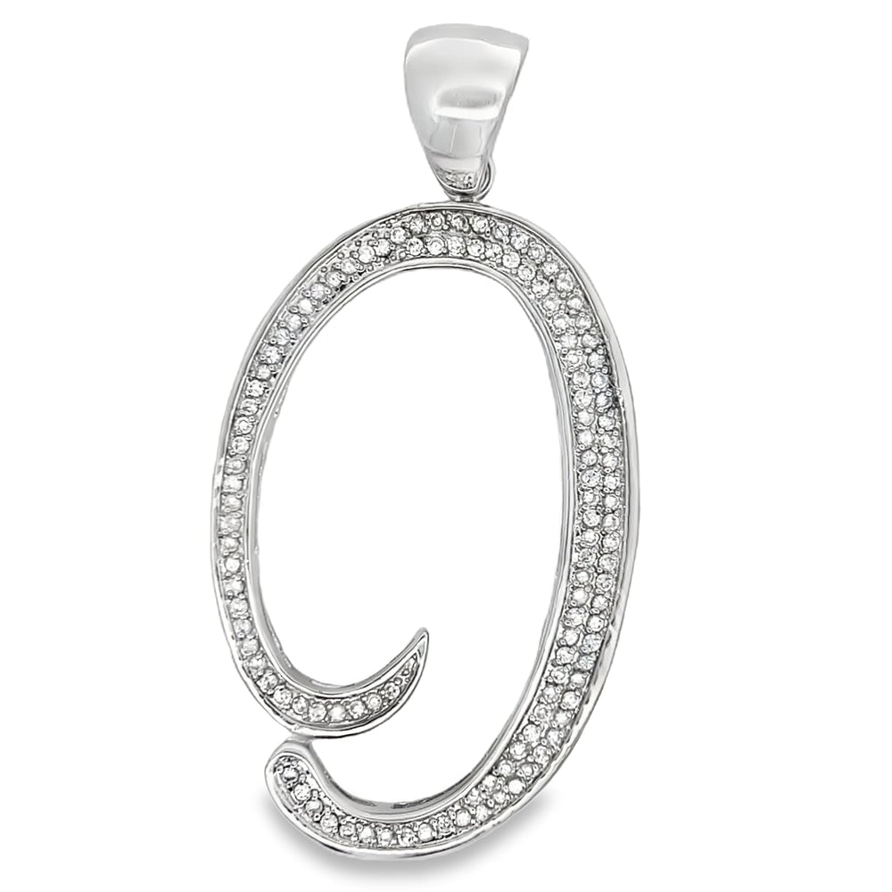 Flat Cursive Initial Letter White CZ Iced Out Pendant O HipHopBling