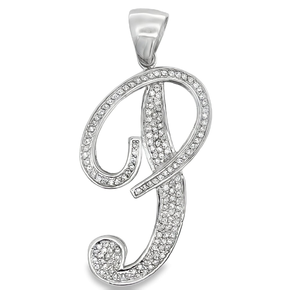 Flat Cursive Initial Letter White CZ Iced Out Pendant P HipHopBling