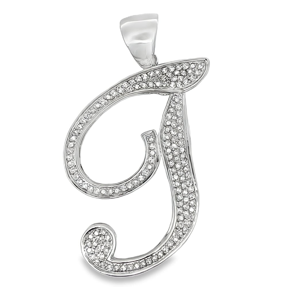 Flat Cursive Initial Letter White CZ Iced Out Pendant T HipHopBling