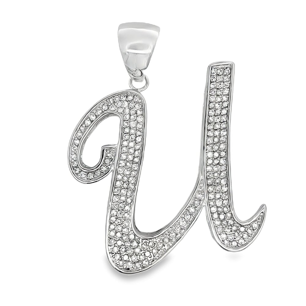Flat Cursive Initial Letter White CZ Iced Out Pendant U HipHopBling