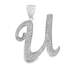Flat Cursive Initial Letter White CZ Iced Out Pendant U HipHopBling
