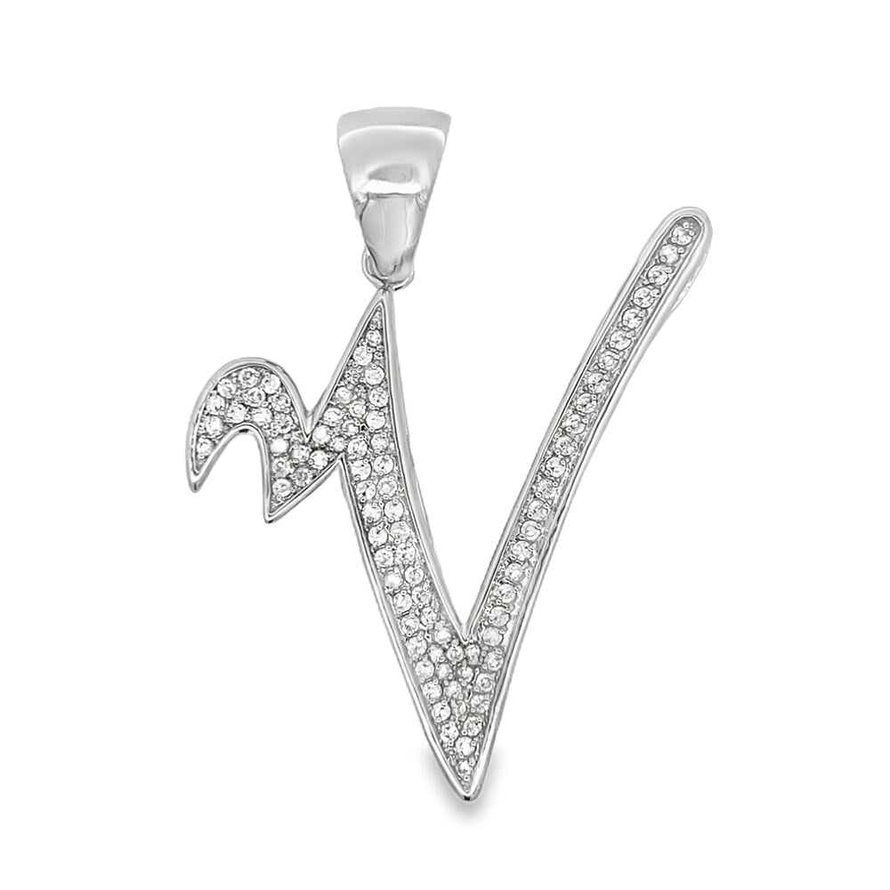 Flat Cursive Initial Letter White CZ Iced Out Pendant V HipHopBling