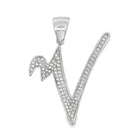 Flat Cursive Initial Letter White CZ Iced Out Pendant V HipHopBling