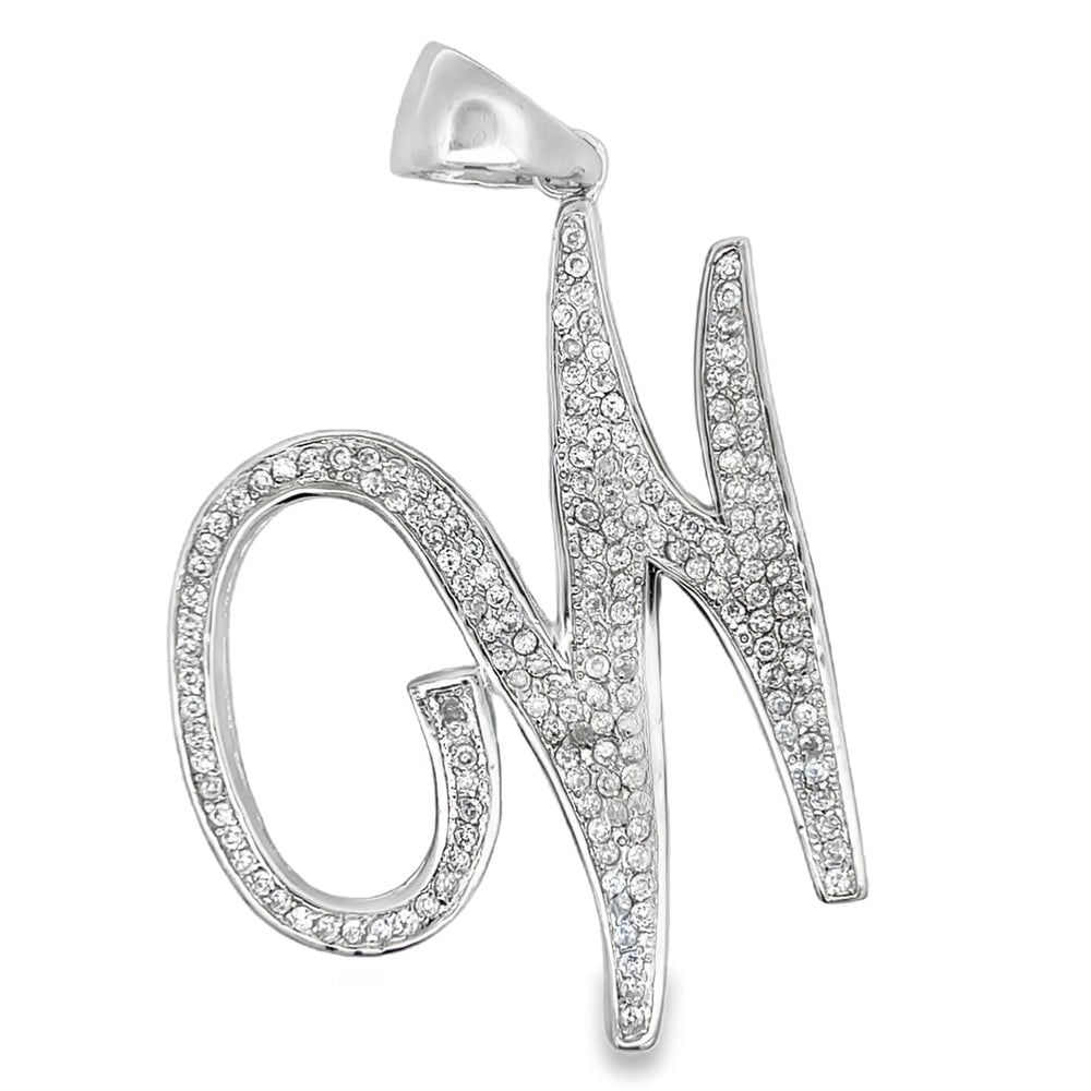 Flat Cursive Initial Letter White CZ Iced Out Pendant W HipHopBling