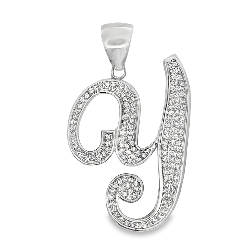 Flat Cursive Initial Letter White CZ Iced Out Pendant Y HipHopBling