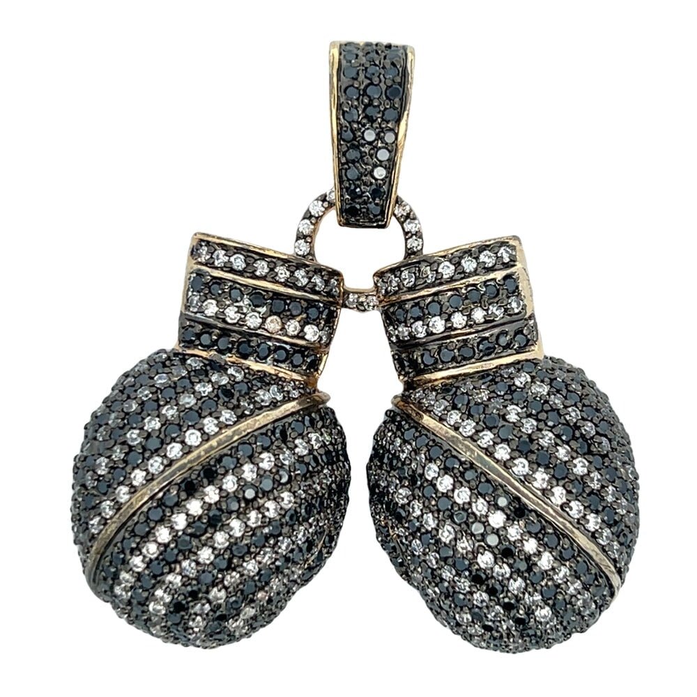 Gold Boxing Gloves White & Black CZ Iced Out Pendant HipHopBling