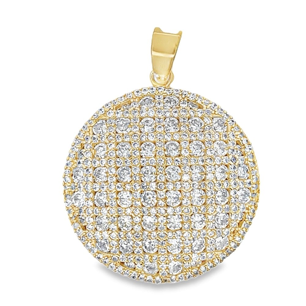 Gold Circle Pie CZ Iced Out Pendant .925 Sterling Silver HipHopBling