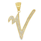 Gold Flat Cursive Initial Letter CZ Iced Out Pendant V HipHopBling