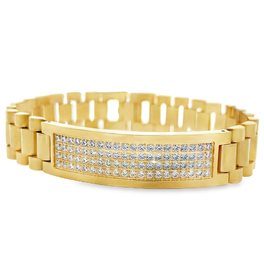 Gold ID Prez CZ Iced Out Bracelet Stainless Steel HipHopBling