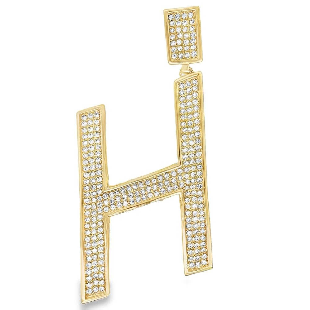 Gold Large Block Initial Letter CZ Iced Out Pendant H HipHopBling
