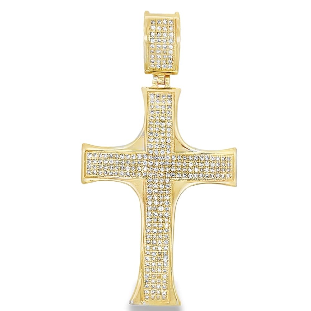 Gold Pointed Edge Cross CZ Iced Out Pendant .925 Sterling Silver HipHopBling