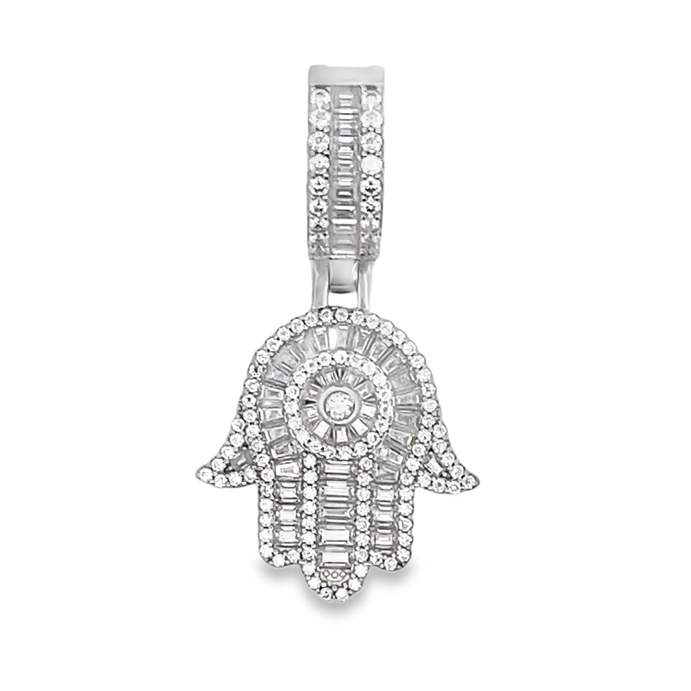 Hamsa Small Iced Out Moissanite Pendant .925 Sterling Silver HipHopBling
