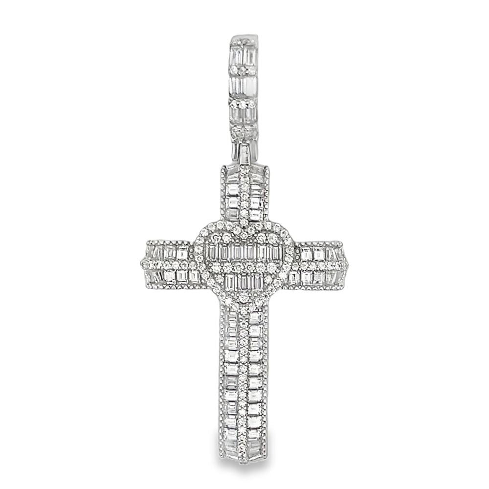 Heart Baguette Cross Iced Out Moissanite Pendant .925 Sterling Silver HipHopBling