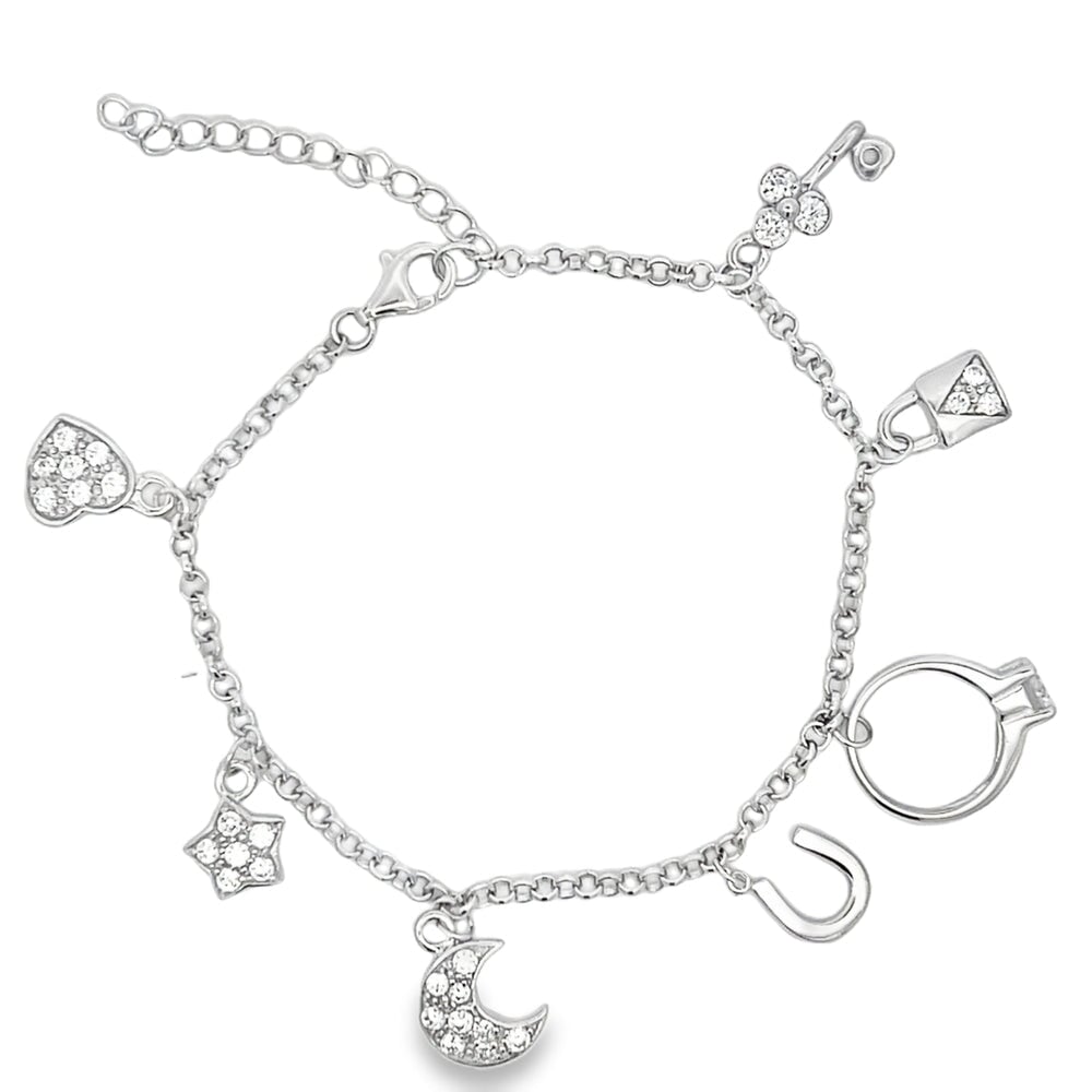 Heart Moon & Star Charm Bracelet .925 Sterling Silver Silver HipHopBling