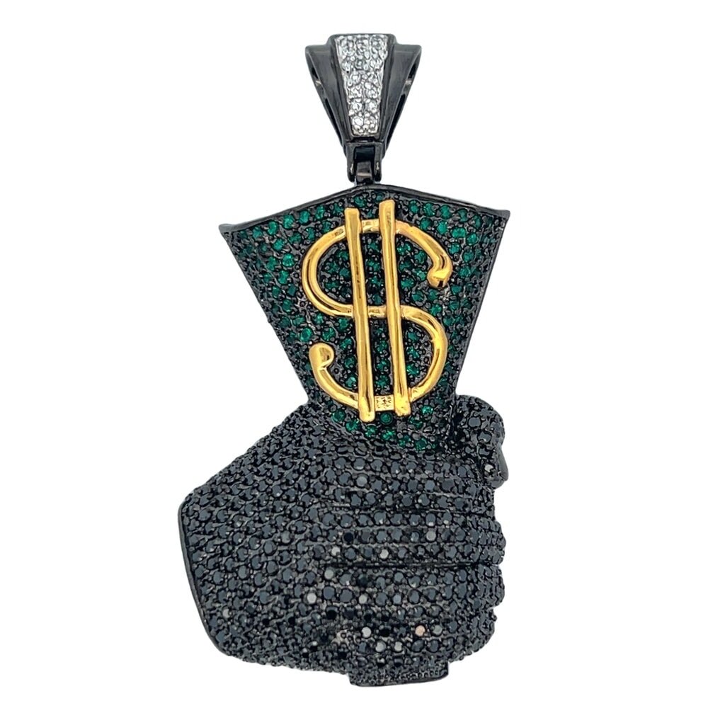 Holding Cash Black & Green CZ Iced Out Pendant HipHopBling
