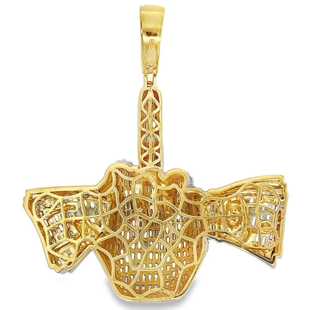 Holding Money Middle Finger Baguette CZ Hip Hop Iced Out Pendant White Gold HipHopBling