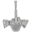 Holding Money Middle Finger Baguette CZ Hip Hop Iced Out Pendant White Gold HipHopBling