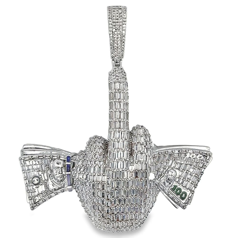 Holding Money Middle Finger Baguette CZ Hip Hop Iced Out Pendant White Gold HipHopBling