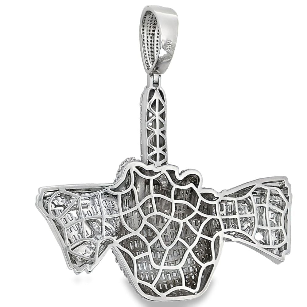 Holding Money Middle Finger Baguette CZ Hip Hop Iced Out Pendant White Gold HipHopBling