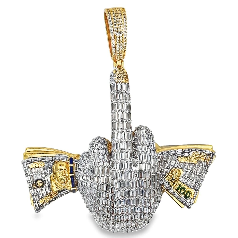 Holding Money Middle Finger Baguette CZ Hip Hop Iced Out Pendant Yellow Gold HipHopBling