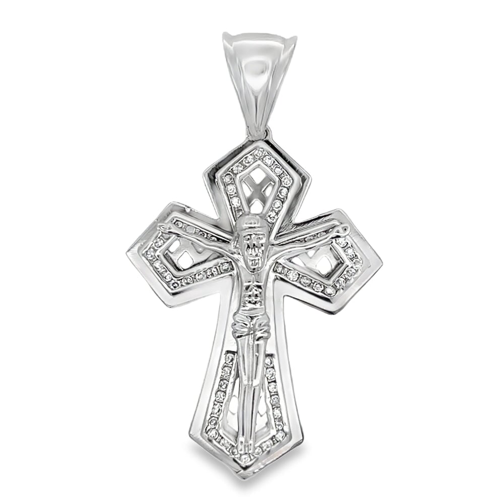 Jesus Crucifix Pointed Cross CZ Pendant .925 Sterling Silver HipHopBling