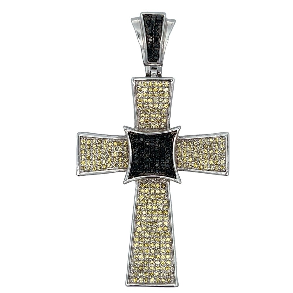 Kite Cross Black & Yellow CZ Iced Out Pendant .925 Sterling Silver HipHopBling