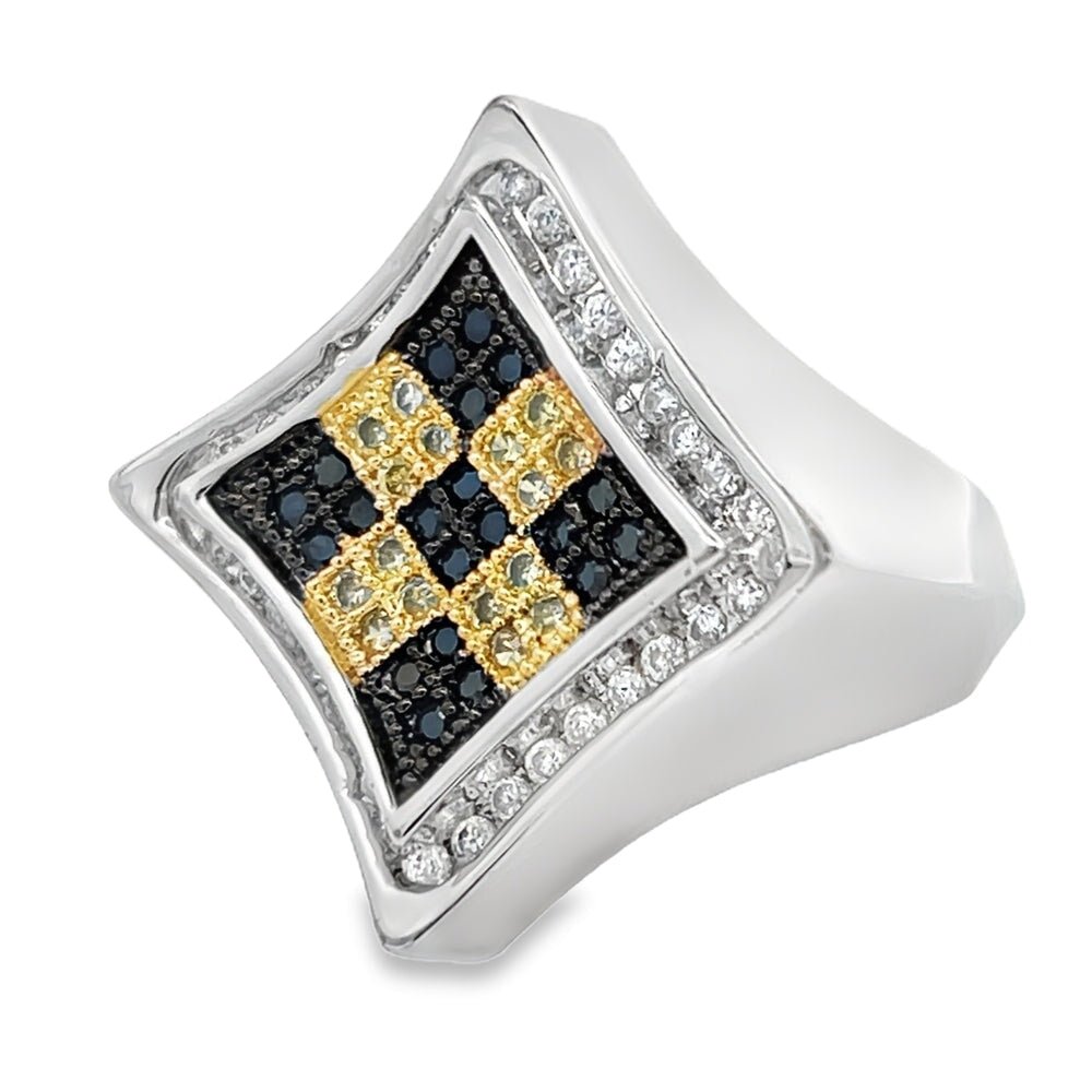 Kite Halo Checker Black & Yellow CZ Ring .925 Sterling Silver 8 HipHopBling