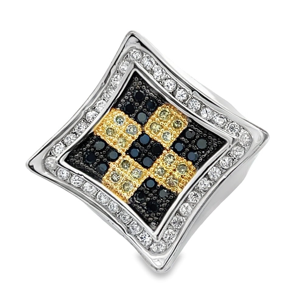Kite Halo Checker Black & Yellow CZ Ring .925 Sterling Silver 8 HipHopBling